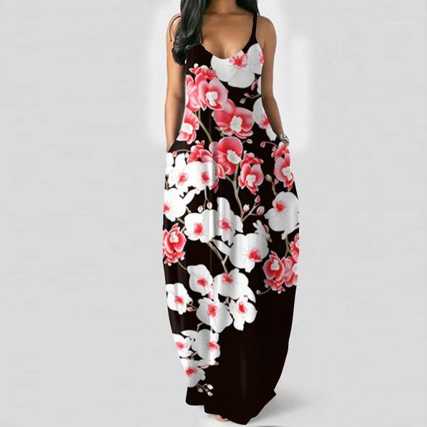 women's fashion large floral print deep v halter long dress ethnic clothing, Red