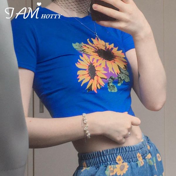 sunflower printed harajuku y2k crop t-shirt women 90s aesthetic short sleeve cotton shirt girls kawaii summer tees iamty women's, White 
sunflower printed harajuku y2k crop t-shirt women 90s aesthetic short sleeve cotton shirt girls kawaii summer tees iamty women's, White