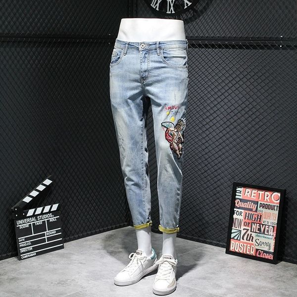 men's jeans mode of vintage men denim pencils brim pants embroidered printed thin ankle adjustment length streetwear casual male jeans, Blue
men's jeans mode of vintage men denim pencils brim pants embroidered printed thin ankle adjustment length streetwear casual male jeans, Blue