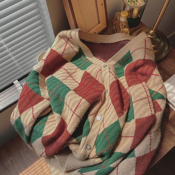 women's knits & tees retro hit color knitted cardigan women autumn loose all-match diamond plaid casual soft warm sweater jacket, White
women's knits & tees retro hit color knitted cardigan women autumn loose all-match diamond plaid casual soft warm sweater jacket, White