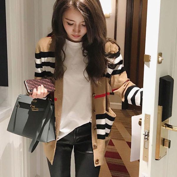 women's knits & tees 2021 spring and autumn sweater loose knit cardigan casual with stripes, White
women's knits & tees 2021 spring and autumn sweater loose knit cardigan casual with stripes, White
