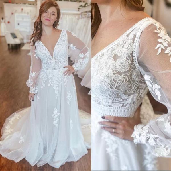 2022 boho long sleeves wedding dresses bridal gown lace applique sweep train plunging v neck chiffon tulle vestido de novia custom made, White
2022 boho long sleeves wedding dresses bridal gown lace applique sweep train plunging v neck chiffon tulle vestido de novia custom made, White