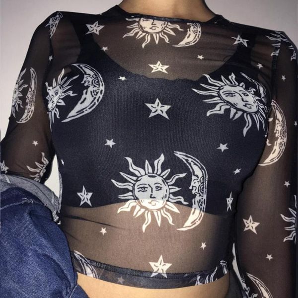 women's t-shirt 2021 mesh transparent tees female long sleeve crop moon star print t shirts camiseta women, White
women's t-shirt 2021 mesh transparent tees female long sleeve crop moon star print t shirts camiseta women, White