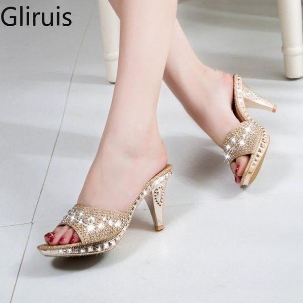 sandals spike heels women pumps high crystal party shoes gold open toe ladies stripper, Black