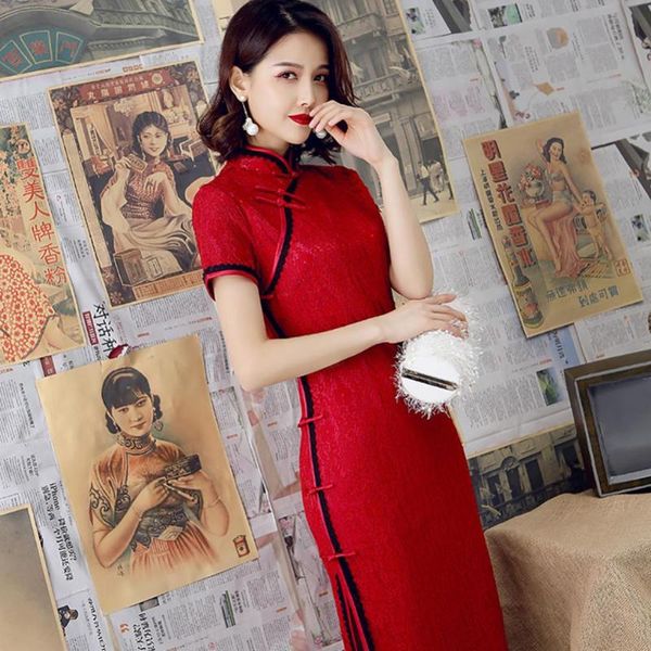 party dresses chinese women's short-sleeved cheongsam dress lace slits collar hem temperament mid-length qipao, White;black
party dresses chinese women's short-sleeved cheongsam dress lace slits collar hem temperament mid-length qipao, White;black