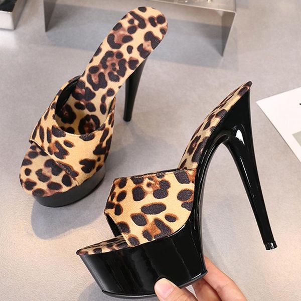 slippers women sandals thick 15 cm shoes large size nightclub high heel leopard print, Black