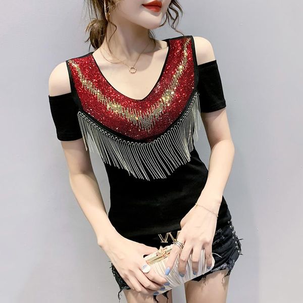 women's t-shirt #5932 black off shoulder t-shirts for women with tassel casual tight womens t shirt diamonds v neck femme summer, White
women's t-shirt #5932 black off shoulder t-shirts for women with tassel casual tight womens t shirt diamonds v neck femme summer, White