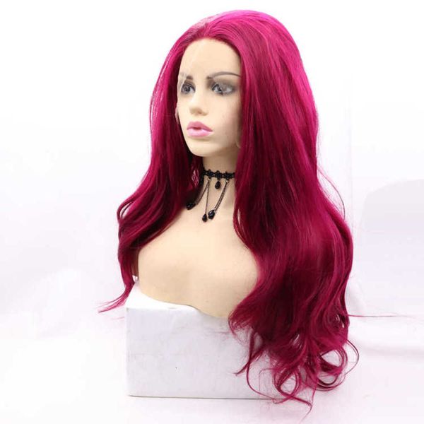 

qingdao sylvia wig factory wine red big roll head set front lace chemical fiber high temperature silk, Black;brown