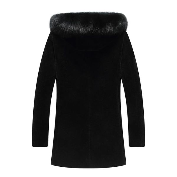 men's leather & faux 100% wool winter jacket men real sheep shearling coat mens fur collar long jackets plus size 7061 my1426, Black