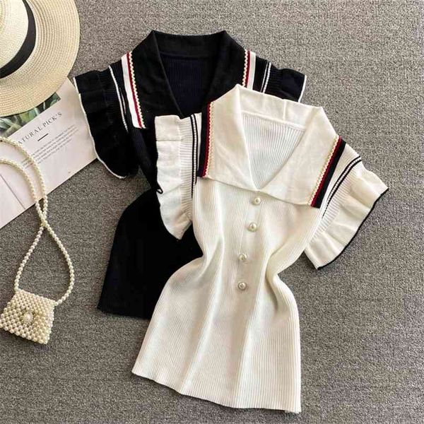 korean fashion women knitted t shirt striped turn down collar ruffles short sleeve pearl buttons summer wear slim crop 210603, White
korean fashion women knitted t shirt striped turn down collar ruffles short sleeve pearl buttons summer wear slim crop 210603, White