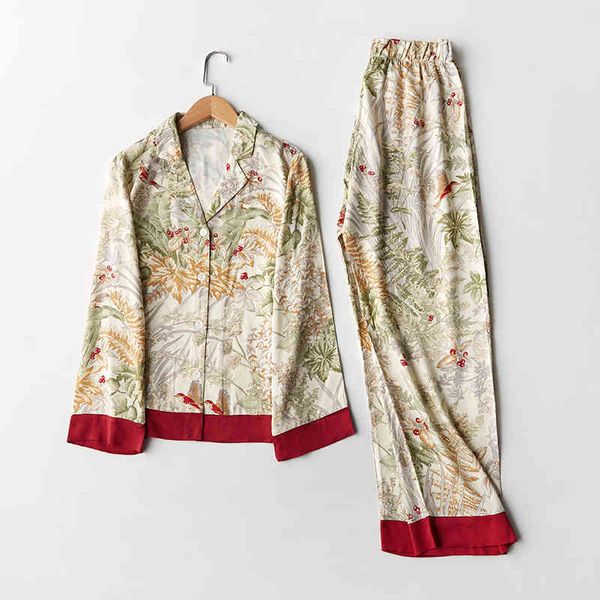 long women's sleepwear spring casual sleeve satin pajama set green grass printing loungewear women turn-down collar pijama mujer jt5p, Black;red
long women's sleepwear spring casual sleeve satin pajama set green grass printing loungewear women turn-down collar pijama mujer jt5p, Black;red