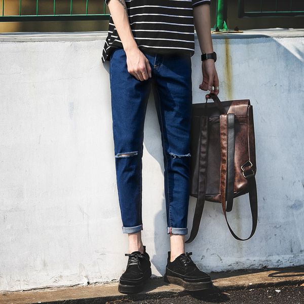 men's jeans fashion casual ripped knee jeans for male students korean slim-fit small-footed ankle length men pencil pants wtj6, Blue
men's jeans fashion casual ripped knee jeans for male students korean slim-fit small-footed ankle length men pencil pants wtj6, Blue