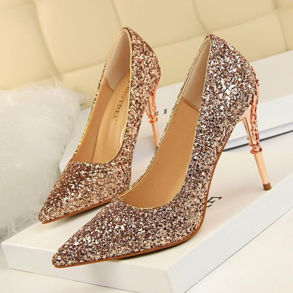 dress shoes european and american wind fashion nightclub women's metal with fine heel high shallow tip sequins single, Black
dress shoes european and american wind fashion nightclub women's metal with fine heel high shallow tip sequins single, Black