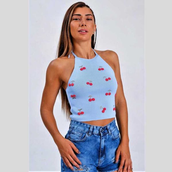 women's blouses & shirts blue 3d cherry print detailed halter crop knitted blouse, White
women's blouses & shirts blue 3d cherry print detailed halter crop knitted blouse, White
