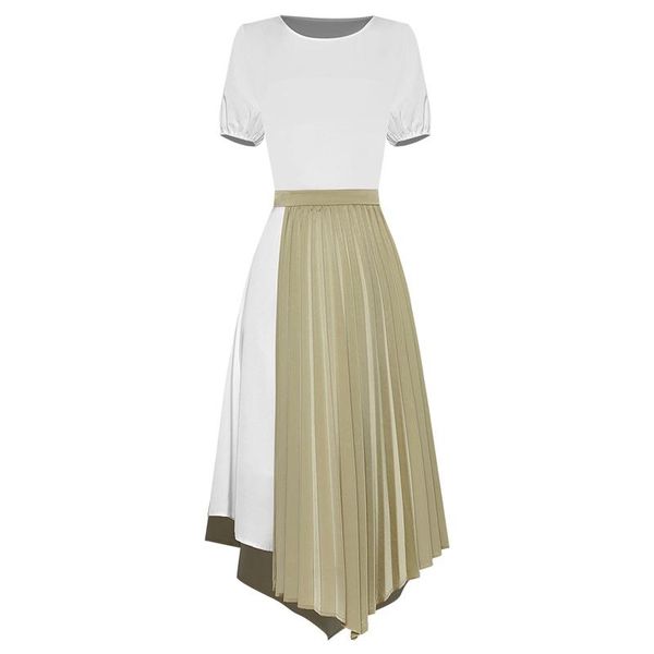 est 2021 designer runway suit set women's short sleeve t-shirt color block pleated skirt two piece dress, White
est 2021 designer runway suit set women's short sleeve t-shirt color block pleated skirt two piece dress, White
