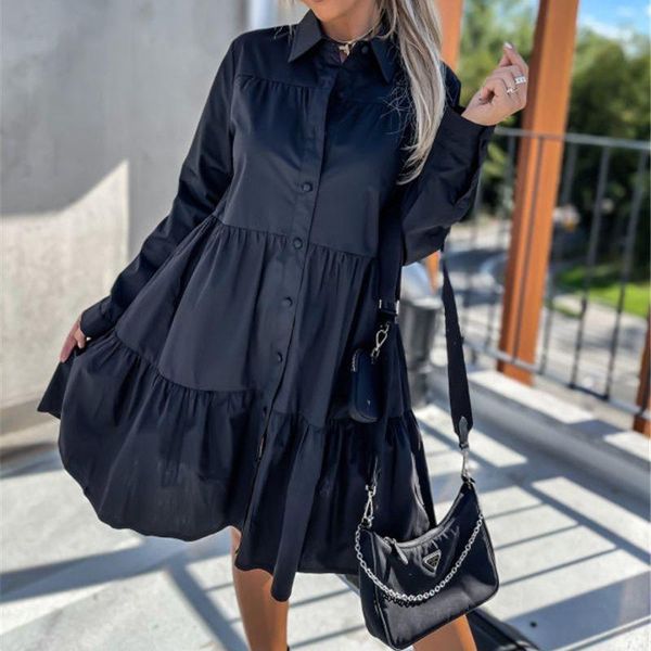 casual dresses women ruffles mini white shirt dress female solid robe femme elegant lapel buttons loose vestidos autumn, Black;gray 
casual dresses women ruffles mini white shirt dress female solid robe femme elegant lapel buttons loose vestidos autumn, Black;gray