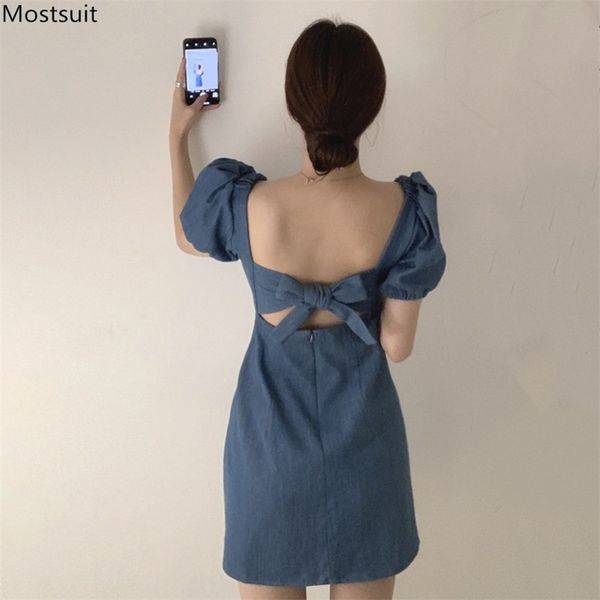 summer blue denim mini dress for women puff sleeve backless lace up tunic square collar es elegant korean party 210513, Black;gray
summer blue denim mini dress for women puff sleeve backless lace up tunic square collar es elegant korean party 210513, Black;gray