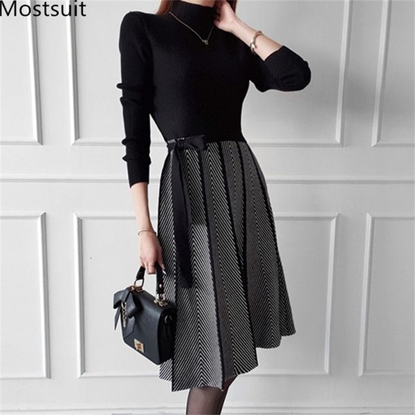korean knitted pleated midi-length dress women lace-up belted long sleeve stand collar elegant vintage dresses vestido 210513, Black;gray
korean knitted pleated midi-length dress women lace-up belted long sleeve stand collar elegant vintage dresses vestido 210513, Black;gray