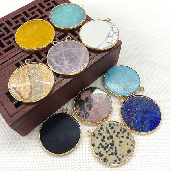 charms 2 pieces of natural stone pendants with colorful round shape and golden edging suitable for making gift jewelry decoration, Bronze;silver
charms 2 pieces of natural stone pendants with colorful round shape and golden edging suitable for making gift jewelry decoration, Bronze;silver