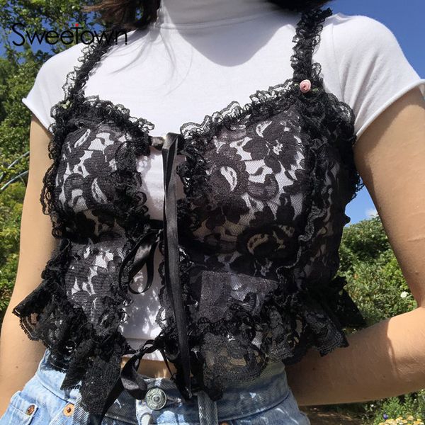 sweetown black goth aesthetic lace women dark academia vintage gothic y2k clothes v neck lace up see through party crop top, Black;white
sweetown black goth aesthetic lace women dark academia vintage gothic y2k clothes v neck lace up see through party crop top, Black;white
