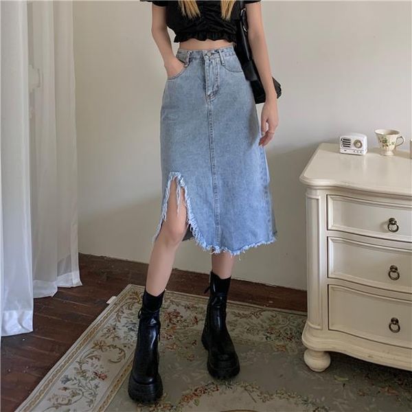 women's distressed holes denim skirts high waisted asymmetric ripped jean skirt with tassels chic streetwear, Black
women's distressed holes denim skirts high waisted asymmetric ripped jean skirt with tassels chic streetwear, Black
