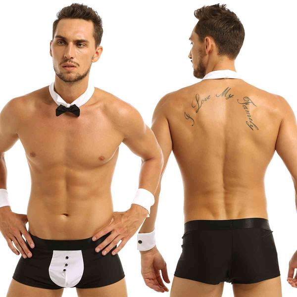 3pcs mens male waiter tuxedo lingerie suit boxer briefs underwear with bow tie collar and bracelets for role play costumes, Black;white
3pcs mens male waiter tuxedo lingerie suit boxer briefs underwear with bow tie collar and bracelets for role play costumes, Black;white