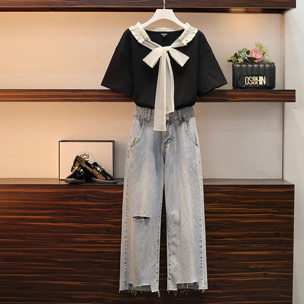 fashion solid color cotton short sleeve t-shirt + jeans 2 pieces sets summer casual hole women's denim pants suit cloth two piece, White
fashion solid color cotton short sleeve t-shirt + jeans 2 pieces sets summer casual hole women's denim pants suit cloth two piece, White