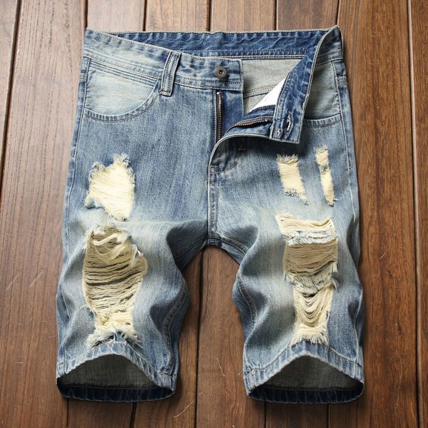 

Fashion casual men's short jeans pant personality ripped slim fit pants trousers shorts, Dark blue