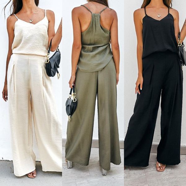 women's two piece pants 2021 summer spaghetti strap flat v-neck straight solid pullover casual women wide leg suit, White
women's two piece pants 2021 summer spaghetti strap flat v-neck straight solid pullover casual women wide leg suit, White