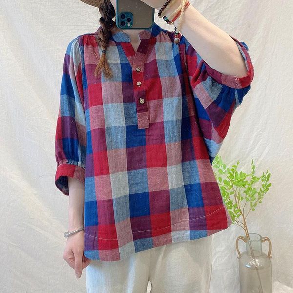 summer women blouse loose big size half sleeve cotton yarn v-neck plaid shirt women's blouses & shirts, White
summer women blouse loose big size half sleeve cotton yarn v-neck plaid shirt women's blouses & shirts, White