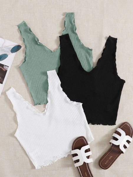 3pcs lettuce trim rib-knit tank 51qh#, White