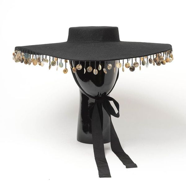 stingy brim hats designer custom flat black tassel ladies wide fedora stage model catwalk cap fashion luxury hat, Blue;gray 
stingy brim hats designer custom flat black tassel ladies wide fedora stage model catwalk cap fashion luxury hat, Blue;gray