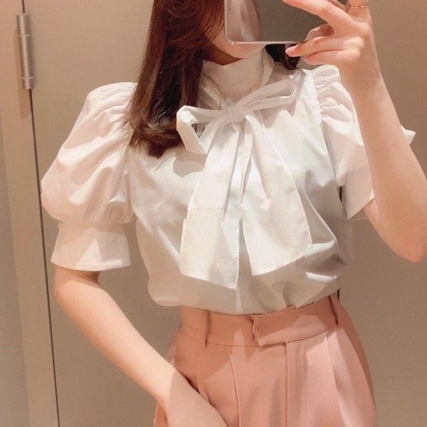 women's blouses & shirts bowknot stand neck puff half sleeve solid 2021 spring summer fresh temperament office lady women, White
women's blouses & shirts bowknot stand neck puff half sleeve solid 2021 spring summer fresh temperament office lady women, White