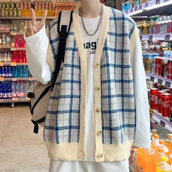 men's sweaters 2021 winter korean version v-neck sleeveless youth stitching sweater plaid cardigan couple vest panic buying, White;black
men's sweaters 2021 winter korean version v-neck sleeveless youth stitching sweater plaid cardigan couple vest panic buying, White;black