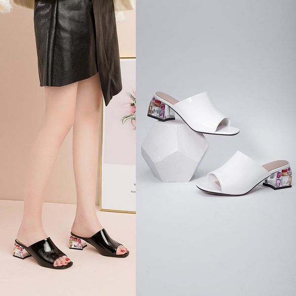 sandals thi heeled leather for women's wear summer rhinestone flip flops high half slippers large size, Black
sandals thi heeled leather for women's wear summer rhinestone flip flops high half slippers large size, Black