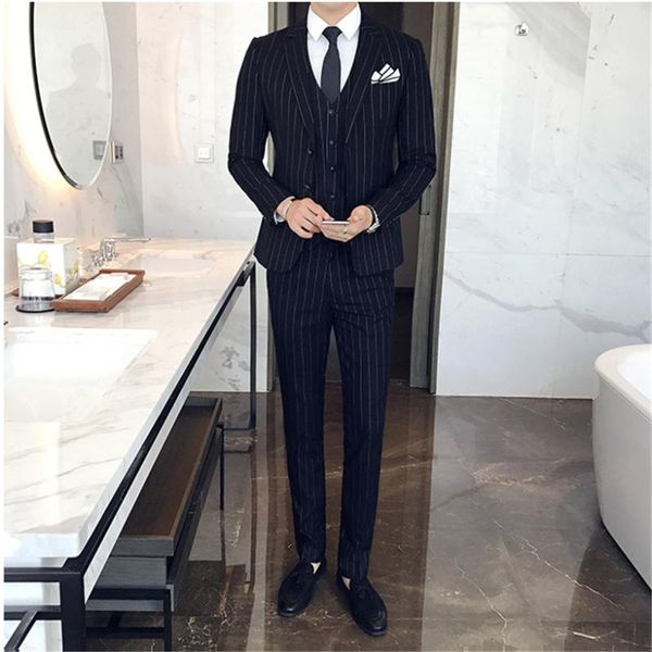 classic men black striped suit business banquet mens jacket and pants with vests 3 piece set men's suits & blazers, White;black
classic men black striped suit business banquet mens jacket and pants with vests 3 piece set men's suits & blazers, White;black