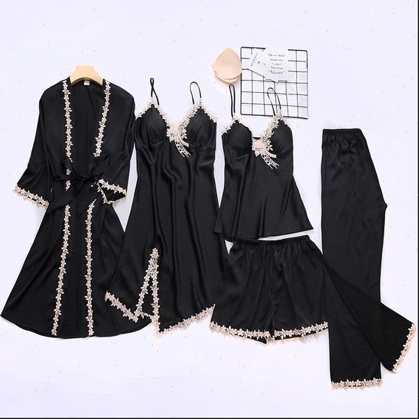 5pcs lce silk pajamas womens sleepwears sets nightwear spring pijamas sleep suit with chest pads belt sleepwear casual home clothes, Black;red
5pcs lce silk pajamas womens sleepwears sets nightwear spring pijamas sleep suit with chest pads belt sleepwear casual home clothes, Black;red
