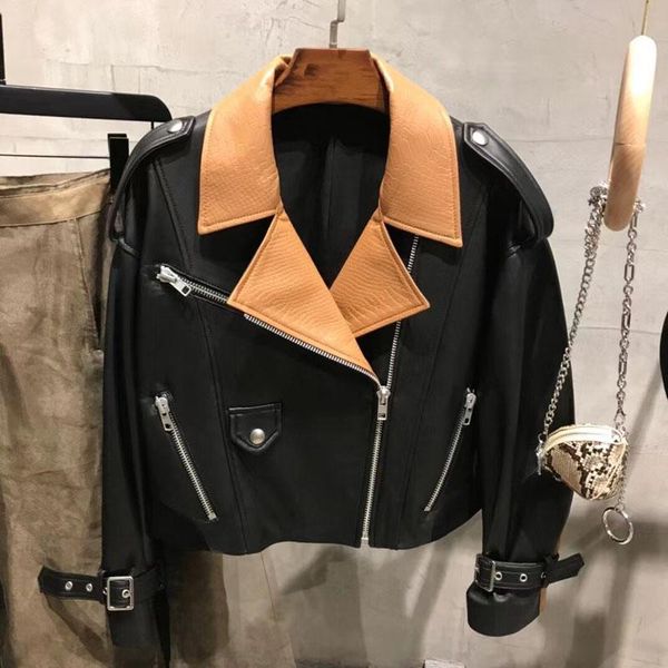 women's leather & faux short length women coat spring 2021 arrival genuine jacket casual style spliced oversized clothes female, Black
women's leather & faux short length women coat spring 2021 arrival genuine jacket casual style spliced oversized clothes female, Black
