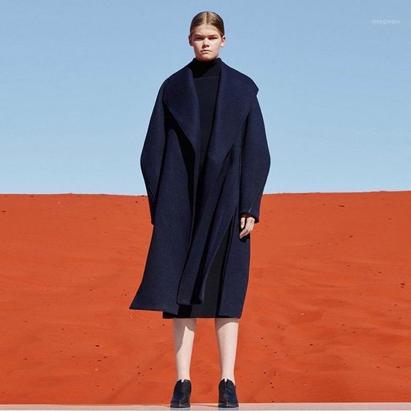 women's wool & blends autumn winter 2021 coat navy blue lapel long woolen female causal loose outwear, Black
women's wool & blends autumn winter 2021 coat navy blue lapel long woolen female causal loose outwear, Black