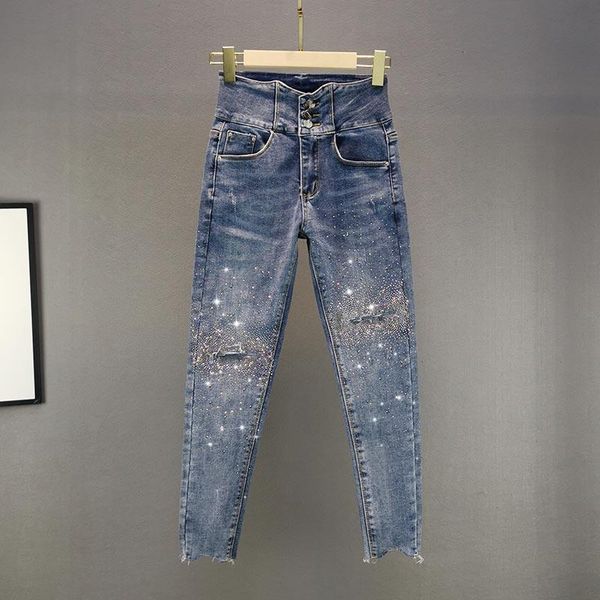 women's jeans single-breated shine beading women summer vintage high waist slim ankle length pencil female clothing quality, Blue
women's jeans single-breated shine beading women summer vintage high waist slim ankle length pencil female clothing quality, Blue