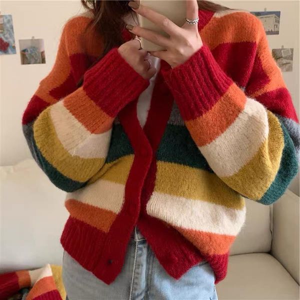 women's sweaters loribindwood 2021 early autumn sweater cardigan jacket japanese lazy wind rainbow striped knitted women loose outer we, White;black
women's sweaters loribindwood 2021 early autumn sweater cardigan jacket japanese lazy wind rainbow striped knitted women loose outer we, White;black