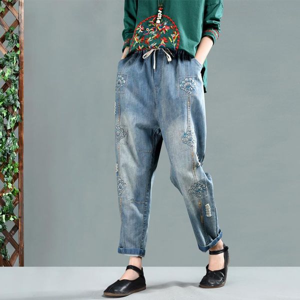 women's jeans chinese style embroidery denim trousers women bleached ripped hole baggy harem loose vintage elastic waist cowboy pants, Blue
women's jeans chinese style embroidery denim trousers women bleached ripped hole baggy harem loose vintage elastic waist cowboy pants, Blue
