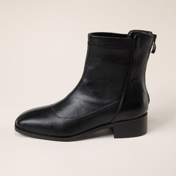 

boots autumn winter women zipper square toe genuine leather woman short cotton ankle women's botas mujer 20211, Black