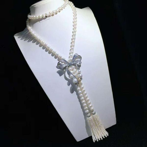 chains hand knotting women's jewelry 8-9mm 120cm micro inlaid zircon bowknot accessories white freshwater pearl necklace, Silver
chains hand knotting women's jewelry 8-9mm 120cm micro inlaid zircon bowknot accessories white freshwater pearl necklace, Silver