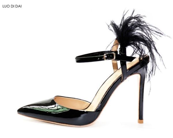 women feather high heels thin heel soft fur pumps party shoes patent leather wedding buckle strap dress, Black
women feather high heels thin heel soft fur pumps party shoes patent leather wedding buckle strap dress, Black
