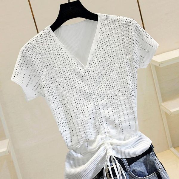 women's t-shirt drilling ice silk female summer fashion solid color v neck women pullovers short sleeve knitted tshirts, White
women's t-shirt drilling ice silk female summer fashion solid color v neck women pullovers short sleeve knitted tshirts, White