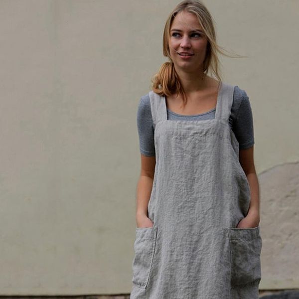 pinafore cotton linen cross apron women dress garden work square collar suspender overall pocket, Black;gray
pinafore cotton linen cross apron women dress garden work square collar suspender overall pocket, Black;gray
