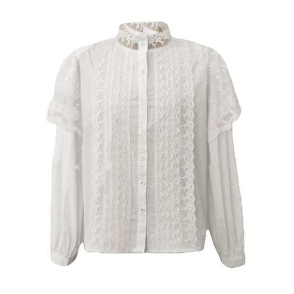 women white shirt stand collar lace patchwork single-breasted long sleeve solid blouse b0783 210514
women white shirt stand collar lace patchwork single-breasted long sleeve solid blouse b0783 210514