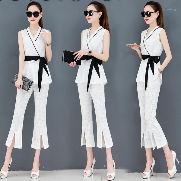 lace white women leisure suit summer female waist belt sleeveless coat two-piece clothing set horn pants split trousers women's tracksu, Gray
lace white women leisure suit summer female waist belt sleeveless coat two-piece clothing set horn pants split trousers women's tracksu, Gray