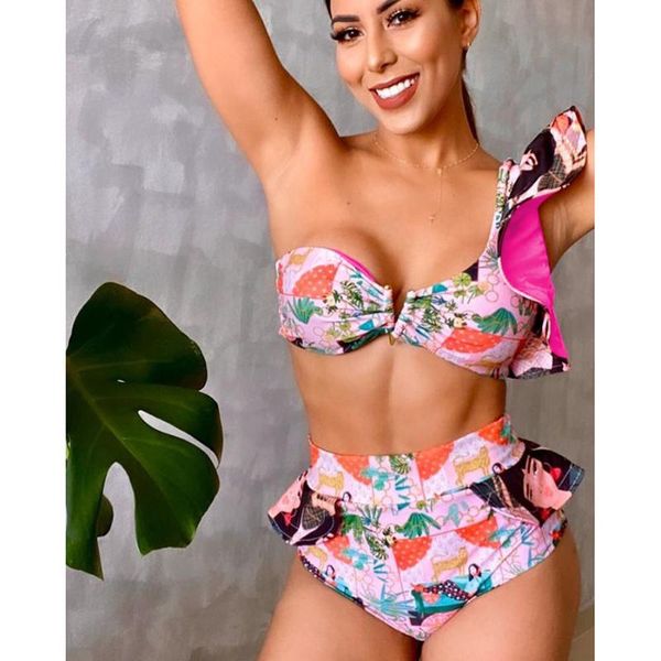 women's swimwear one shoulder bikini set 2021 ruffle women swimsuit high waist 2 pieces bikinis bathing suits printed floral biquini, White;black
women's swimwear one shoulder bikini set 2021 ruffle women swimsuit high waist 2 pieces bikinis bathing suits printed floral biquini, White;black